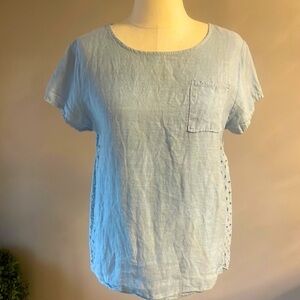 VIOLA BORGHI 100% LINEN top / blouse FULL EYELET BACK  high low light blue MED